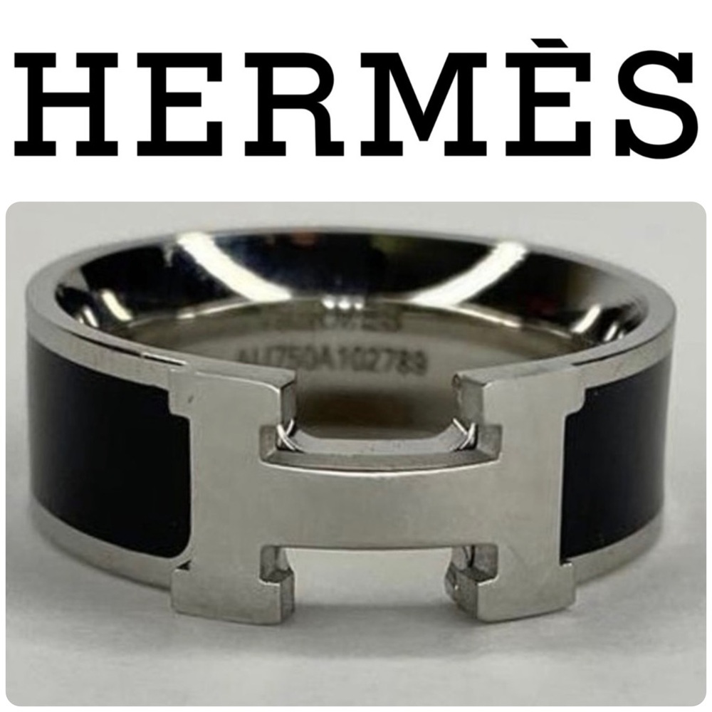 Hermes Clic H Ring White Gold Silver & Black- Size 6